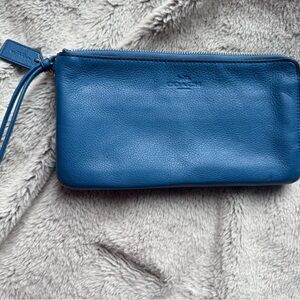 Coach Blue Leather Wristlet with double zippers